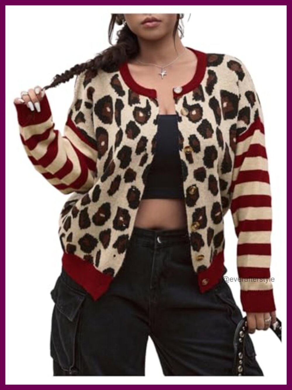 Plus Size Leopard Cardigan Cheetah Print Striped Button Down Knit Sweater